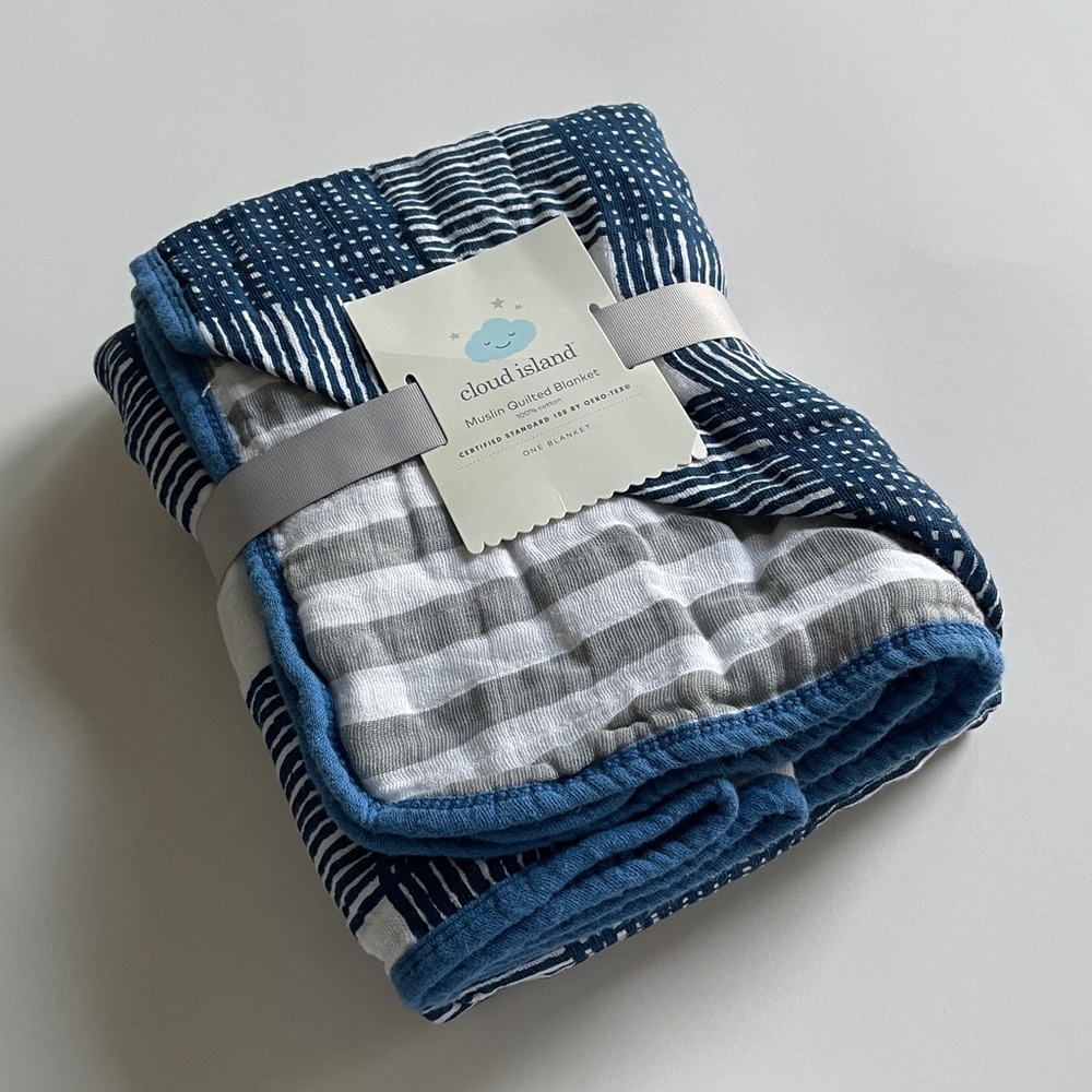 Cloud Island Muslin Quilted Blanket 100% Cotton Blue Stripe 42”